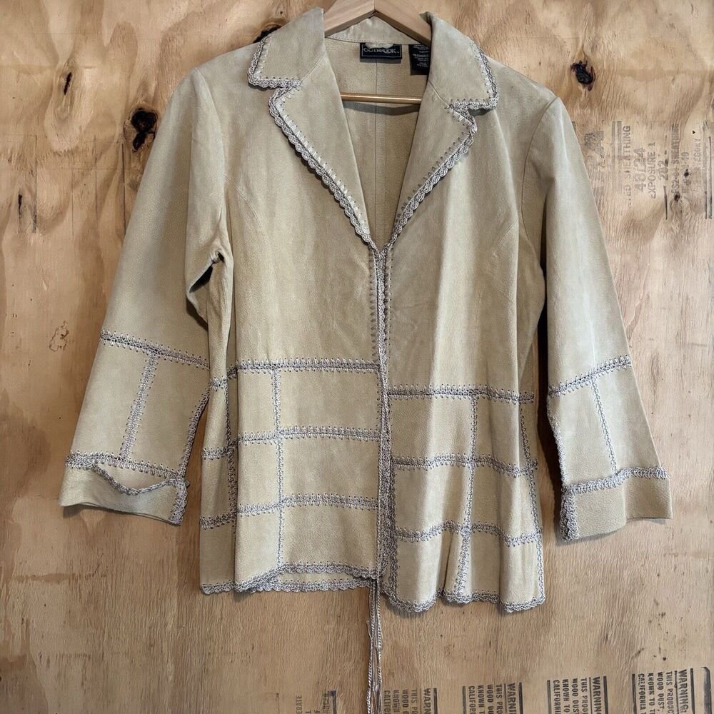 Vintage 90s Outbrook Suede Leather Jacket Tan Crochet Patchwork Sz M 8/10